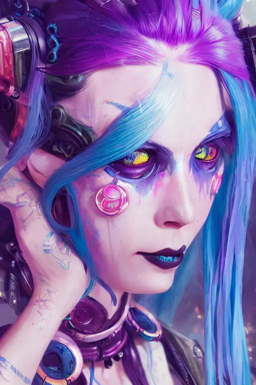 Image similar to jinx from league of legends, cyberpunk futuristic neon. long blue hair, decorated with traditional japanese ornaments by ismail inceoglu dragan bibin hans thoma greg rutkowski alexandros pyromallis nekro rene maritte illustrated, perfect face, fine details, realistic shaded, fine - face, pretty face