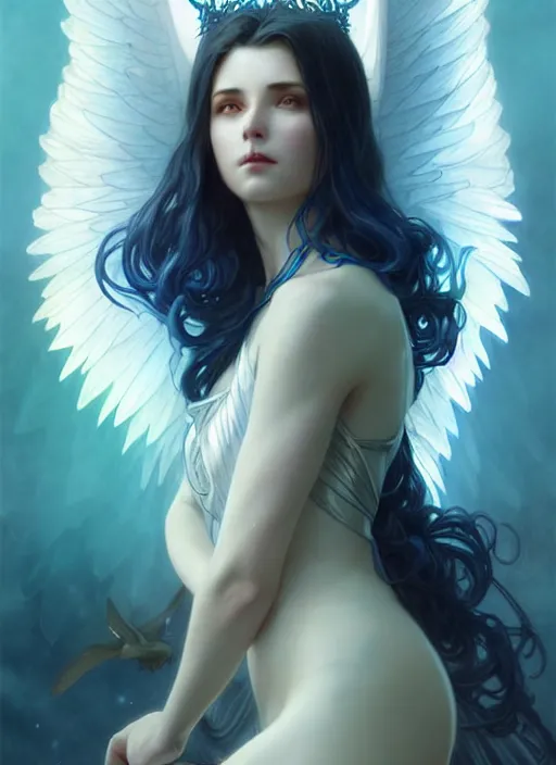 Image similar to a beautiful cinematic female archangel queen, fantasy sea landscape, fantasy magic, short aqua blue black fade hair, dark light night, intricate, elegant, sharp focus, illustration, highly detailed, digital painting, concept art, matte, art by WLOP and Artgerm and Greg Rutkowski and Alphonse Mucha, masterpiece