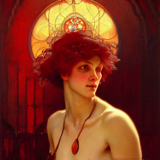 Image similar to poet boris the red looks into the eyes, a beautiful portrait, natural lighting, path traced, highly detailed, high quality, digital painting, by gaston bussiere, craig mullins, alphonse mucha j. c. leyendecker