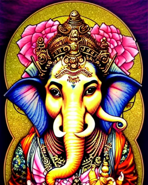 Prompt: beautiful and playful ethereal ganesha portrait, art nouveau, fantasy, intricate japanese flower designs, elegant, highly detailed, sharp focus, art by chie yoshii