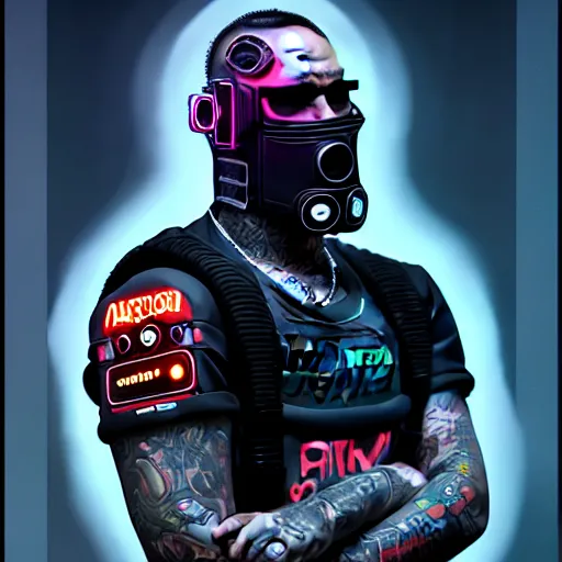 Image similar to Cyberpunk Benny the Bouncer, Tattoo on the neck, 4K symmetrical portrait, character concept art, hyper quality, future Doctrine, secret organization, 4k post-processing, moody lighting, rendered by octane engine