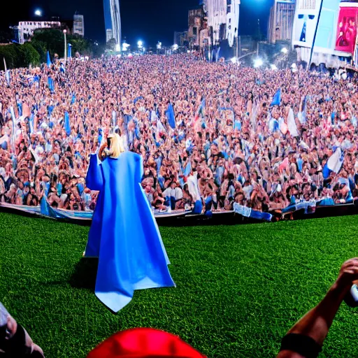 Image similar to Lady Gaga as president, Argentina presidential rally, Argentine flags behind, bokeh, giving a speech, detailed face, Argentina