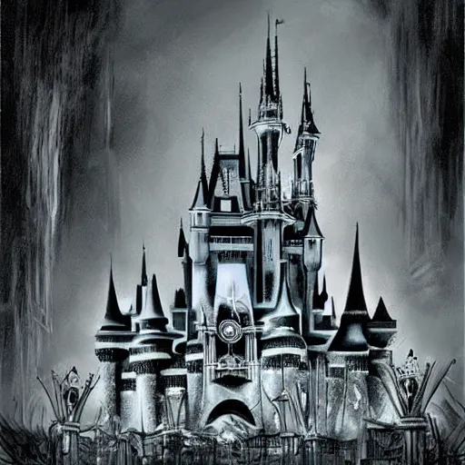 Image similar to Disney World, surrealist, dark, wicked, evil, twisted and bad concept art