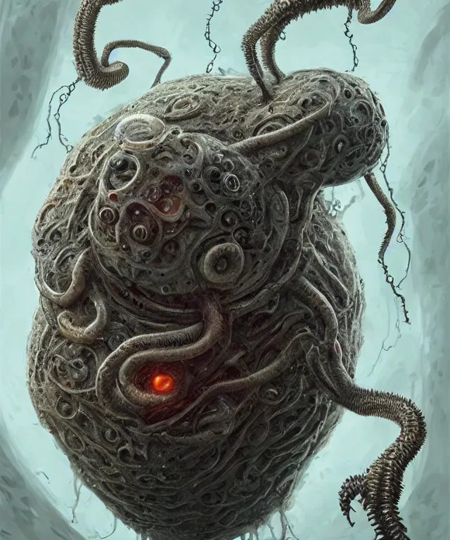 Image similar to hziulquoigmnzhah, head dangling underneath body!!!!, spherical body, elongated arms, short legs, lovecraftian horror!, surrealism, fantasy, intricate, elegant, highly detailed, digital painting, artstation, concept art, matte, sharp focus, illustration, art by keith thompson and christopher lane
