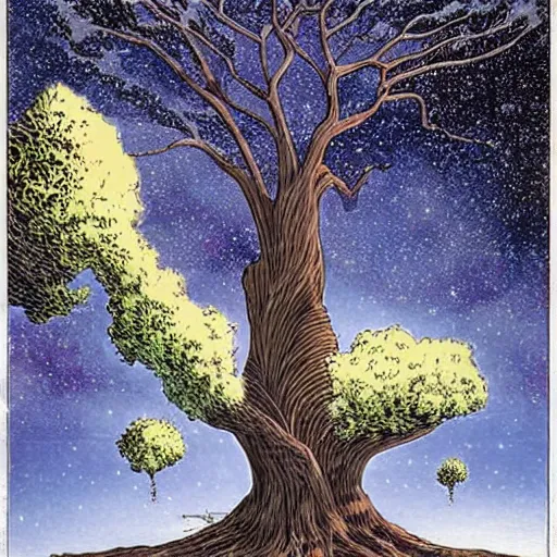 Prompt: a large tree rooted in a galactic crystal floating in space, by moebius