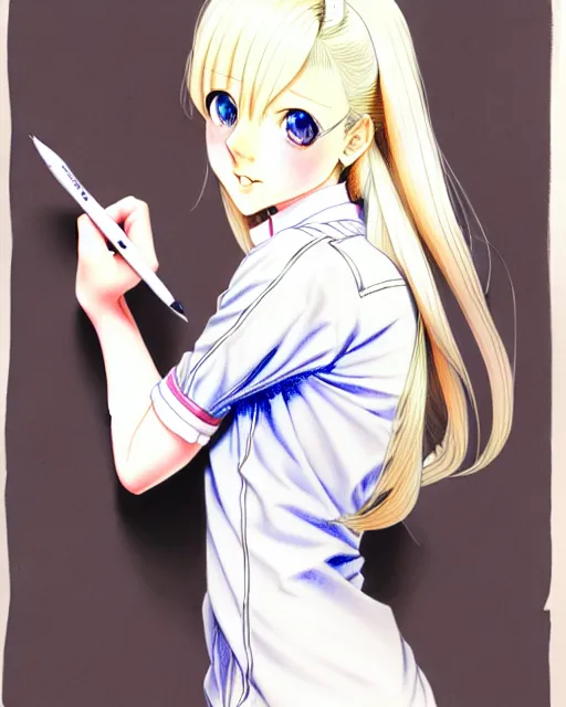 Image similar to young female prep school student with medium length bright blonde hair and pale skin, in an old study room, complex artistic color ink pen sketch illustration, subtle detailing, artwork by Artgerm and Range Murata.