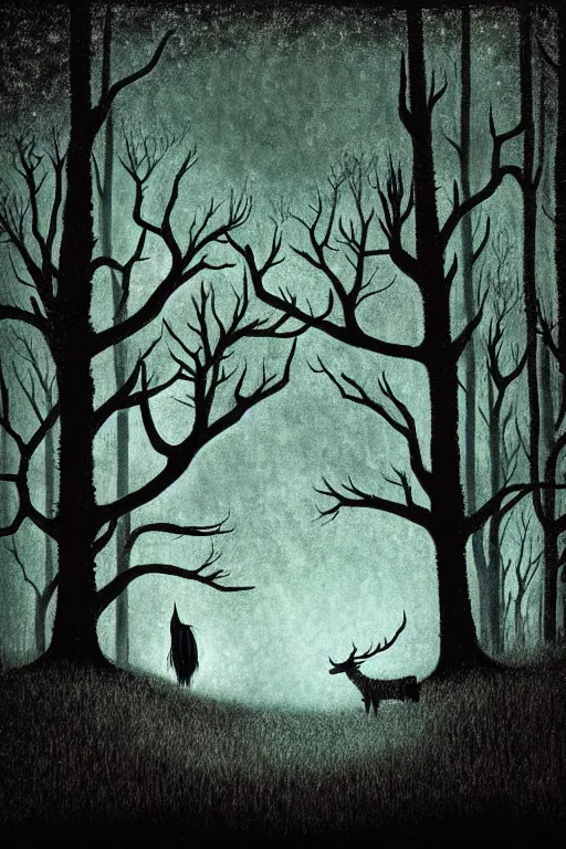 Image similar to stag, haunted woods, silhouettes, by andy kehoe