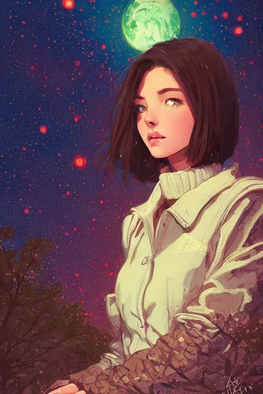 Prompt: pretty girl with short brown hair and green eyes, beautiful trees and night sky with stars and galaxies, ornate detailed background, trending on artstation, by ilya kuvshinov, thomas kinkade