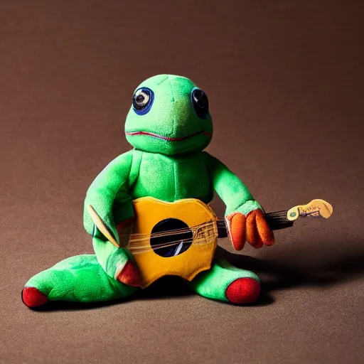 Image similar to a photograph of a turtle plush toy, he is happily playing drums, he is wearing a leather coat, vivid color, 50mm, depth of field