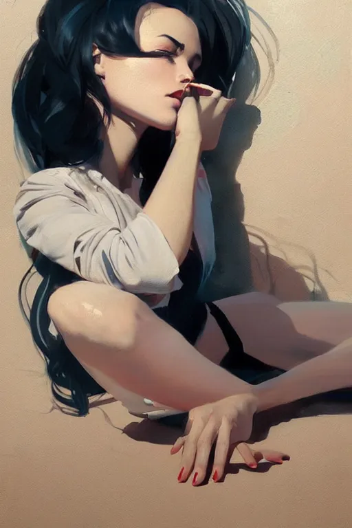 Image similar to a ultradetailed beautiful painting of a stylish woman sitting on the floor of a tiled room, by greg rutkowski, conrad roset, and ilya kuvshinov trending on artstation