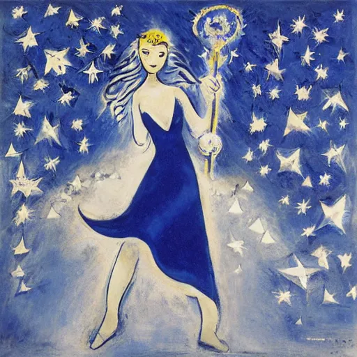 Image similar to The land art features a woman with wings made of stars, surrounded by a blue and white night sky. The woman is holding a staff in one hand, and a star in the other. She is wearing a billowing white dress, and her hair is blowing in the wind. cubic zirconia, Pokémon by Marc Chagall, by Wilfredo Lam monumental, threatening