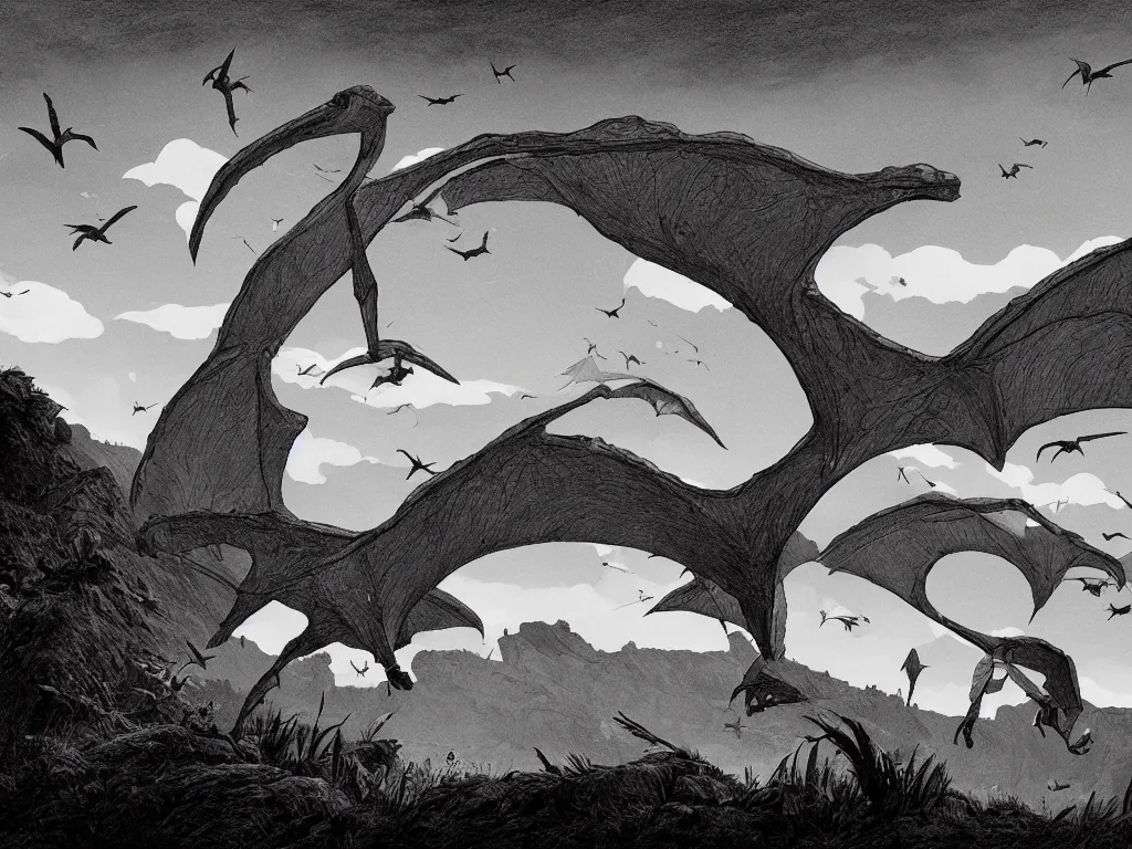 Prompt: landscape with pterodactyl, drawn by christan delort and jean gireaud, graphic black and white, low camera, wide angle, centered composition, golden ratio