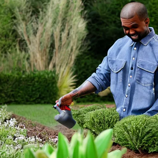 Prompt: Kanye West watering plants in a garden with a smile on his face, 8km, realistic, sharp, high details, detailed