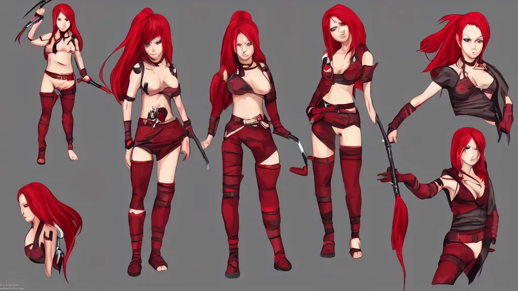 Image similar to a fantasy female red haired kunoichi character design sheet, trending on artstation