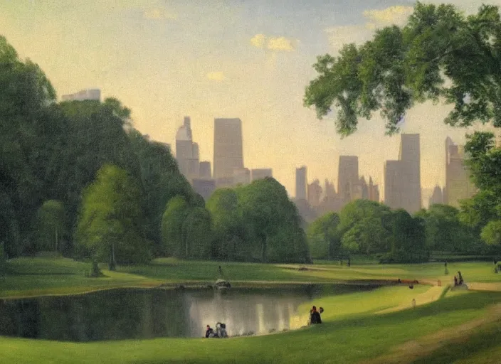 Image similar to central park, new york in 1 9 3 0 in the style of hudson river school of art, oil on canvas