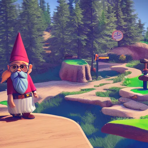 Prompt: a hipster gnome in a mini - golf course in the mountains, 3 d render in the style of the videogame firewatch, soft colors, beautiful pastel scenery around the mini - golf course, incredible sense of depth and perspective in the background, realistic lighting, i really want to play this videogame and solve these puzzles