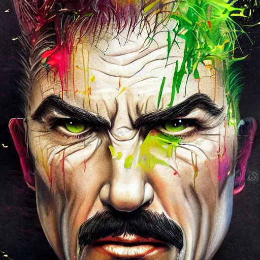 Image similar to a demon slayer portrait of tom selleck, tall, pale - skinned, slender with lime green eyes and long eyelashes by stanley artgerm, tom bagshaw, arthur adams, carne griffiths, trending on deviant art, street art, face enhance, chillwave, maximalist, full of color, glittering