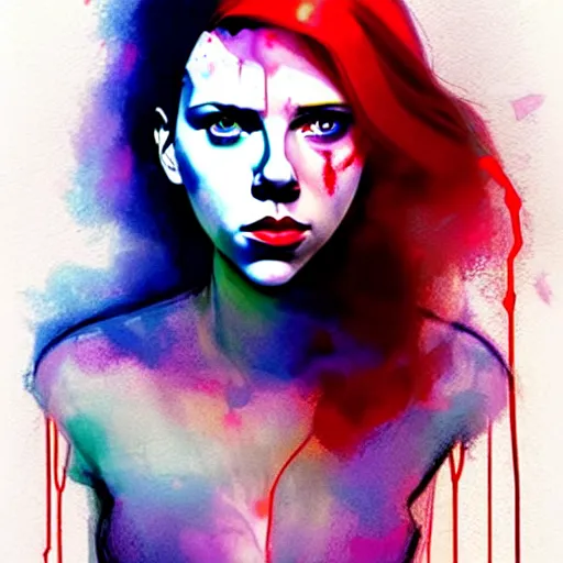 Image similar to phil noto, pretty scarlett johansson black widow, symmetrical eyes, long red hair, full body, by agnes cecile and moebius and envi bikal, very luminous design, pastel colours, ink drips, autumn lights