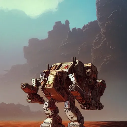 Prompt: battlemech, desertpunk, hulking, wide shot, desert background, highly detailed, digital painting, artstation, concept art, sharp focus, illustration, art by artgerm and greg rutkowski and magali villeneuve, Zdzisław Beksiński, red brown and white color scheme