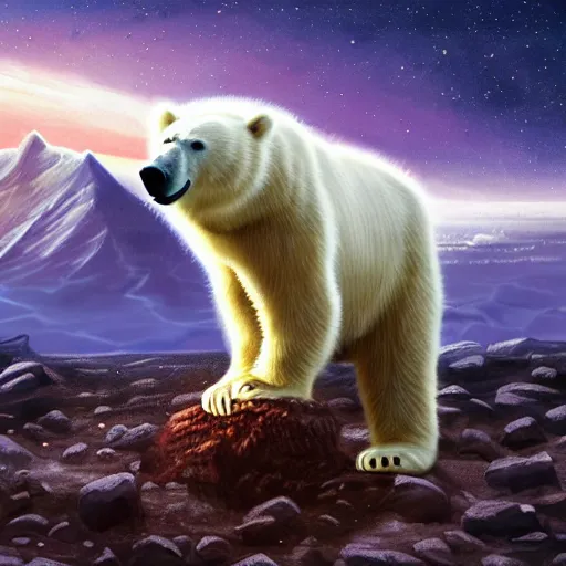 Prompt: polar bear drinking beer on iceberg in mars, beer can in hand, beer can, outer space, planet mars, illustration, computer painting, high resolution,, trending on deviantart, hdr, hyper detailed, insane details, intricate, elite, ornate, dramatic lighting