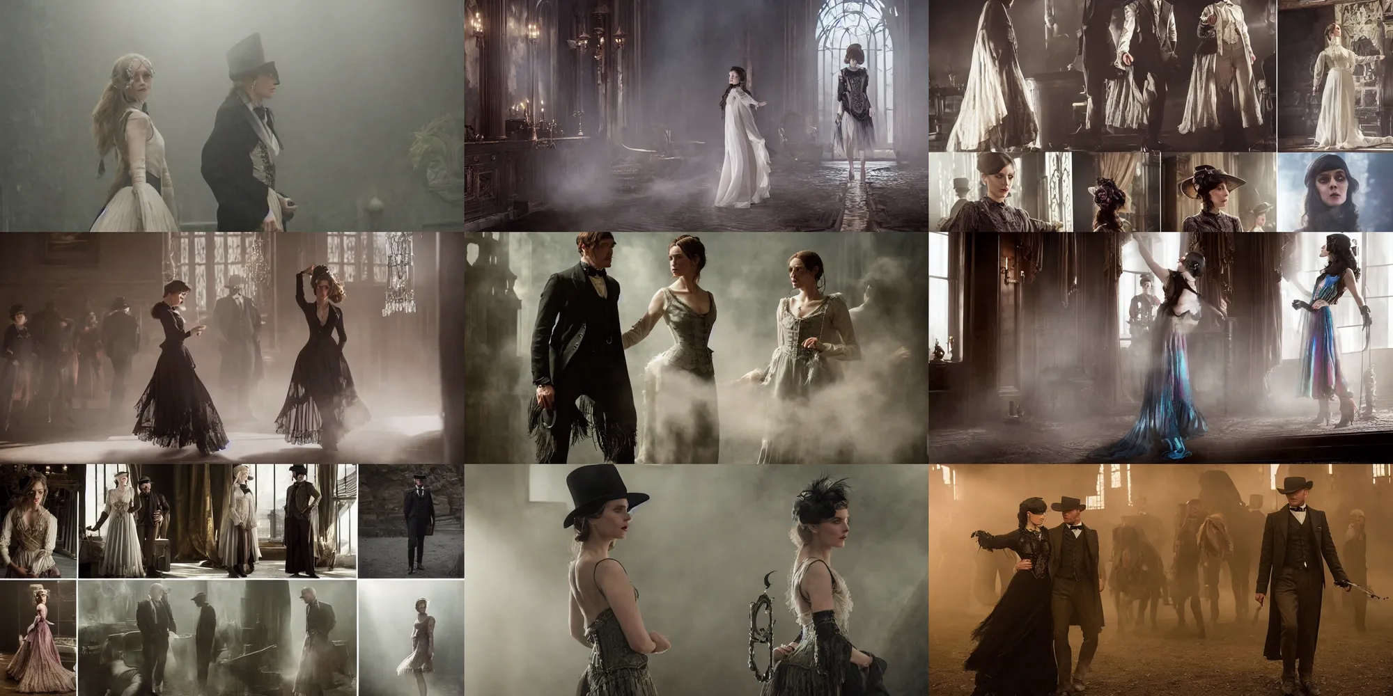 Prompt: Cinematic stills from the Westworld and Peaky Blinders crossover, full-body, bloom, Gothic mixed with Victorian mixed with Roman architecture, dynamic poses, diaphanous iridescent cloth, volumetric fog, intricate crystalline and feather jewelry, vests, corsets, knee-high boots, ornate, filigree, cinematic lighting, god rays!!!, by WLOP!!!!!!!, by Maxfield Parrish!!!!, by Nebezial!!!, portfolio illustration, highly detailed, trending on Artstation, CGsociety, HQ, 8k, 35mm lens, f2.8, Bokeh, rendered in Arnold, rendered in Octane.