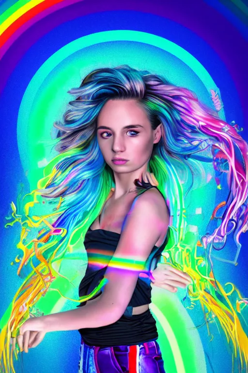 Prompt: a award winning half body portrait of a beautiful woman with stunning eyes in a croptop and cargo pants with rainbow colored ombre hairstyle head in motion and hair flying by thomas danthony, surrounded by whirling illuminated liquids, outrun, vaporware, shaded flat illustration, digital art, trending on artstation, highly detailed, fine detail, intricate