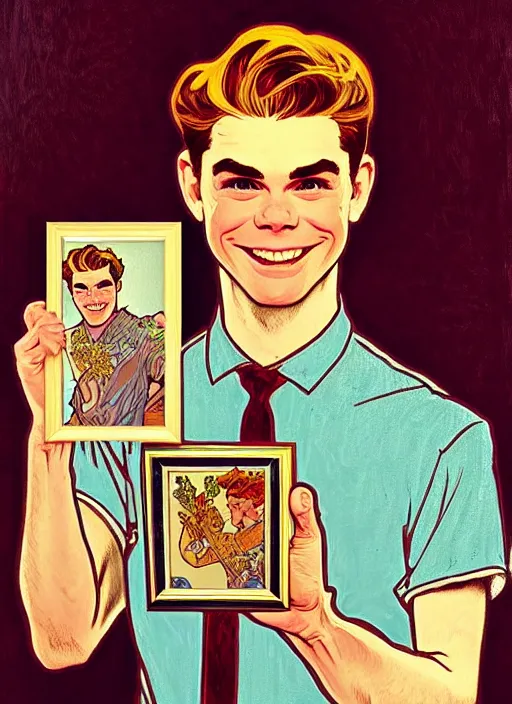 Image similar to oil portrait of archie andrews holding a picture of among us, intricate, elegant, highly detailed, lighting, painting, artstation, smooth, illustration, art by greg rutowski and alphonse mucha