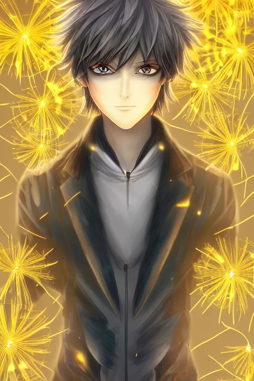 Image similar to amber glowing luminescent dandelion male anime character, symmetrical, highly detailed, digital art, sharp focus, trending on art station, amber eyes, autumnal colours