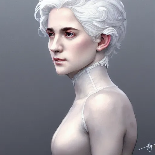 Image similar to white haired aristocrat, bust portrait, gentle, solemn face, cloth, female, city landscape, d & d, fantasy, intricate, elegant, digital painting, white grey color palette, artstation, octane render, concept art, matte, sharp focus, illustration, herrarthstone, art by artgerm and greg rutkowski and alphonse mucha