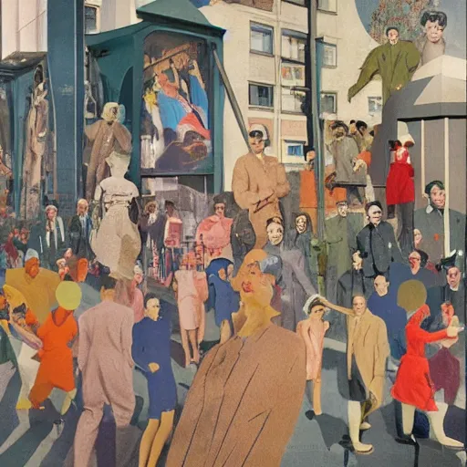 Image similar to 1950 magazine cut out collage of Cristopher Street day, Jugendstil, painted by Neo Rauch,