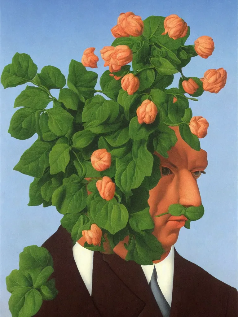 Image similar to portrait of a flower man by rene magritte, detailed painting, hd, hq, high resolution, high detail, 4 k, 8 k