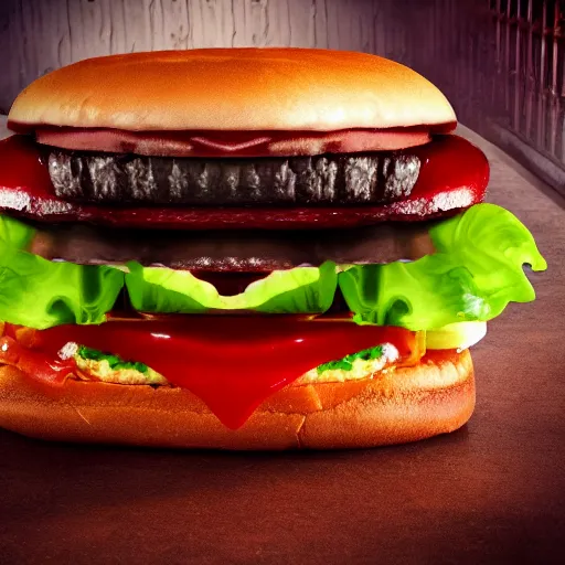 Image similar to burger with teeths haunts you for the rest of your life, horror, blood, creepy burger, 8 k, realistic, hdr, clear image,