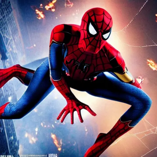 Image similar to promotional image of Spider Man as Iron Man in Iron Man（2008）, he wears Iron Man armor without his face, movie still frame, promotional image, imax 70 mm footage