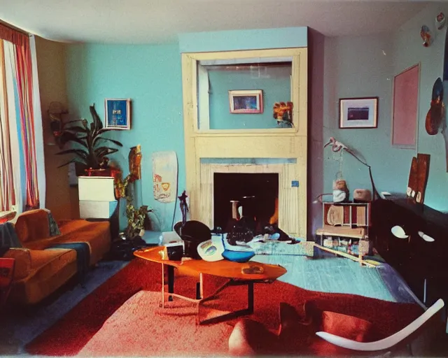 Image similar to An award winning photo of 1970's living room, freshly decorated, 4k, color Polaroid photo