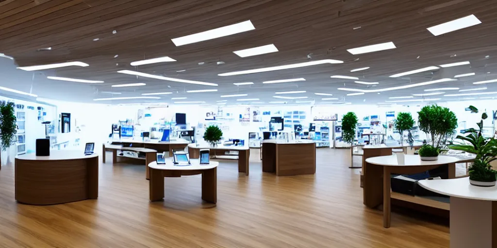 Prompt: wide angle photograph, atmospheric, realistic lighting, light bloom sunlight, nature outside, reflections, small samsung store. white walls. timber floor. display tables with phones and tablets. low ceilings with downlights and spots. curved white furniture with large digital screens. a few plants in the background