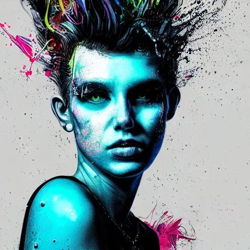 Image similar to splashes of neon, punk portrait made out of paint, trending on artstation, epic composition, emotional, beautiful, rendered in octane, highly detailed, realistic, comic book art