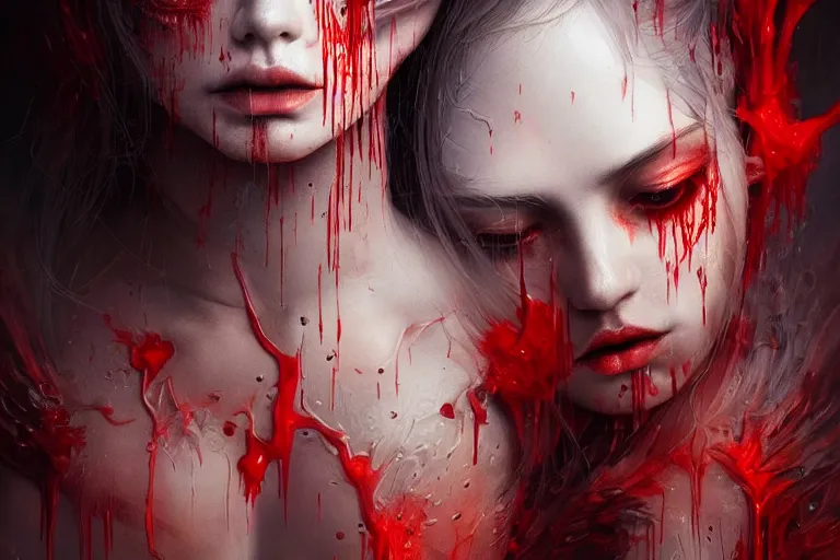 Prompt: surreal Portrait of beautiful seductive Dark demonic godeness of destruction and war covered in blood in dmt chromatic surreal liquid enviroment , elegant, highly detailed, smooth, photoreal, sharp focus, illustration, beautiful, geometric, dmt trending on artstation, cinematic, artwork by WLOP