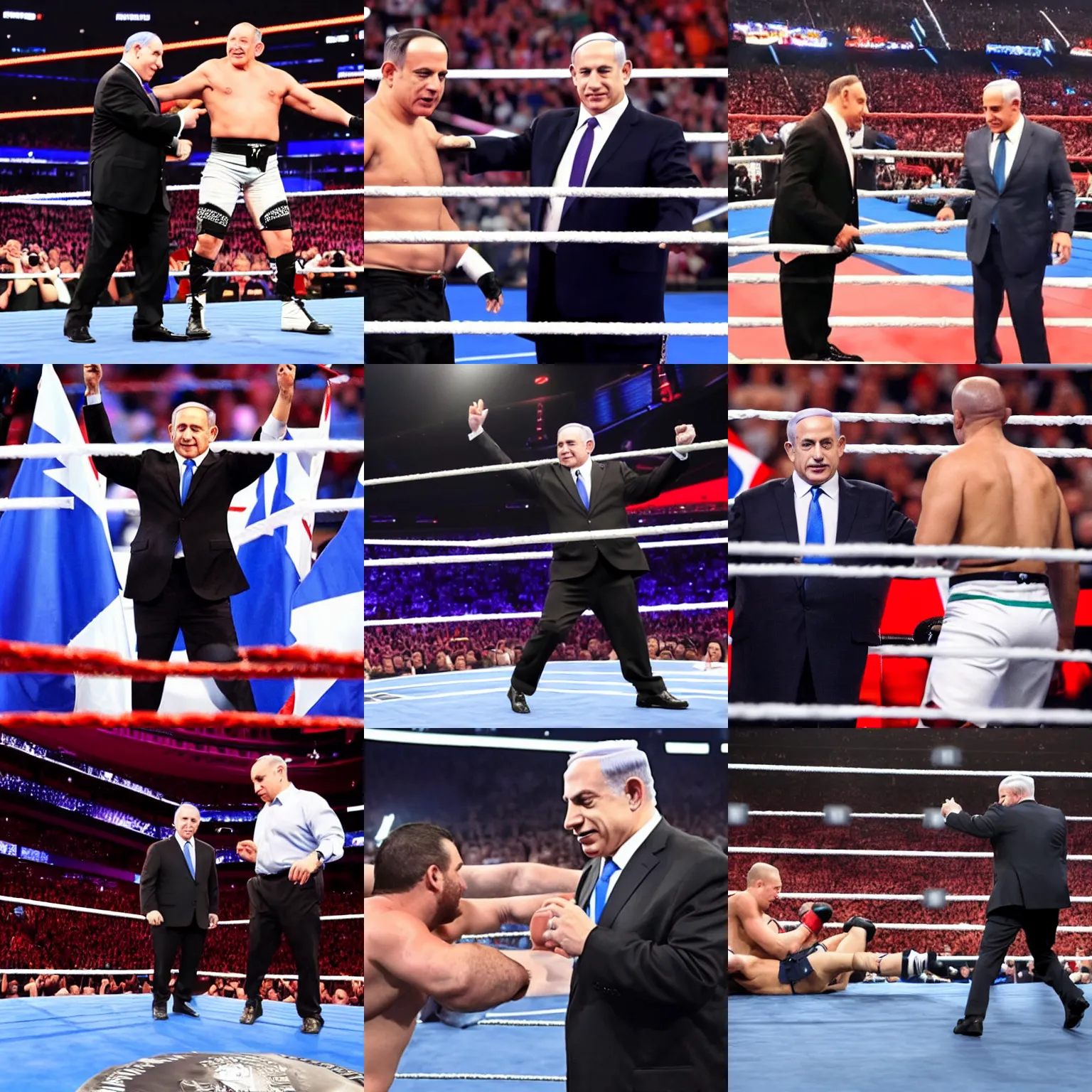Prompt: photo of benjamin netanyahu inside the ring at wrestlemania
