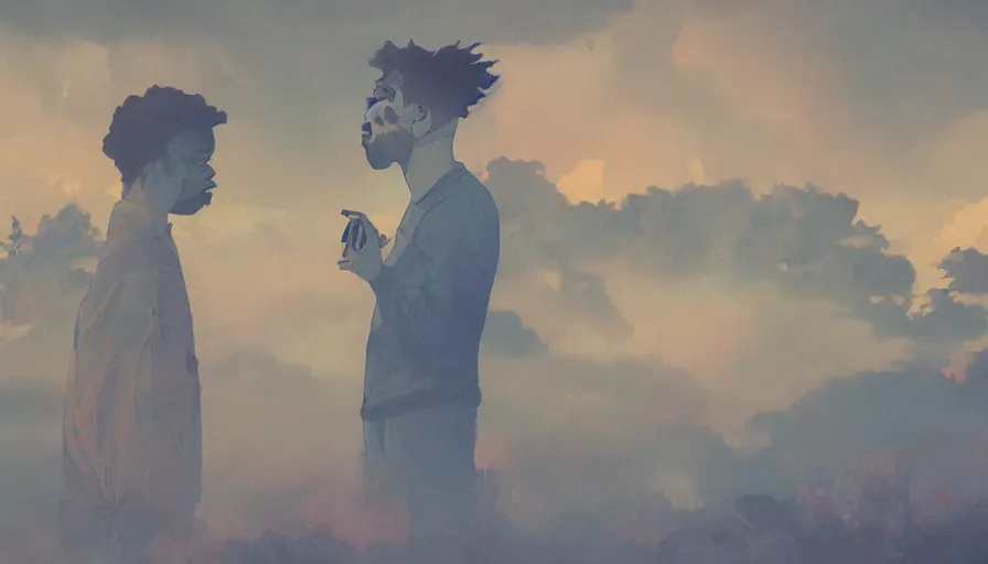 Prompt: the weeknd and drake by studio ghibli, digital art, sharp focus, 4 k, sunset beach, foggy, neon