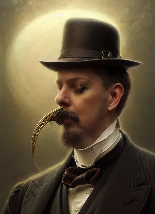 Prompt: closeup portrait shot of a victorian magician in a scenic mystery environment, intricate, elegant, highly detailed, centered, digital painting, artstation, concept art, smooth, sharp focus, illustration, artgerm, tomasz alen kopera, peter mohrbacher, donato giancola, joseph christian leyendecker, wlop, boris vallejo