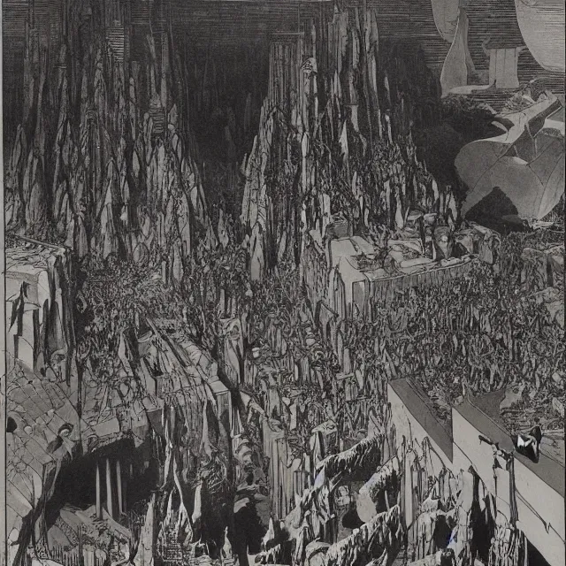 Image similar to artwork by Franklin Booth showing the fall of the city of Babylon