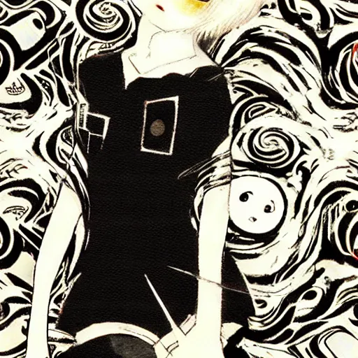 Image similar to Yoshitaka Amano realistic illustration of an anime girl with short white hair and black eyes wearing tuxedo, abstract black and white patterns on the background, noisy film grain effect, highly detailed, Renaissance oil painting, old tv glitch effect