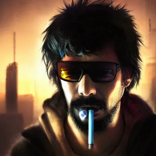 Image similar to cyberpunk, closeup portrait of a shaggy cyberpunk hacker, cigarette in mouth, dramatic light, city background, sunset, dystopian setting, high contrast, sharp, neuromancer, painted by stanley lau, painted by greg rutkowski, painted by stanley artgerm, digital art, trending on artstation