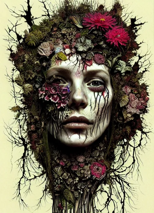 Image similar to beautiful and detailed rotten woman corpse made of fractal plants and many different types of flowers, muscles, veins, arteries, intricate, organs, ornate, surreal, john constable, guy denning, dan hillier