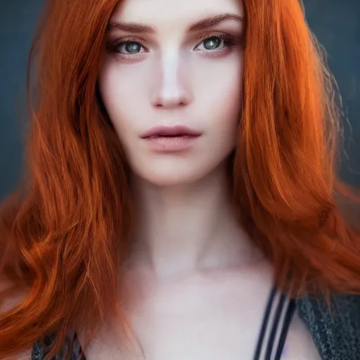 Prompt: A gorgeous redhead, sweet, natural eyes, modelsociety, raytracing, studio lighting, perfect face, intricate, Sony a7R IV, symmetric balance, polarizing filter, Photolab, Lightroom, 4K, Dolby Vision, Photography Award