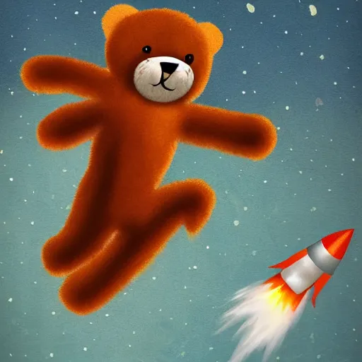 Prompt: dismayed fuzzy bear running to catch a rocket ship that already launched, digital painting, fine detail, matte finish