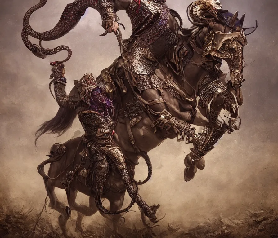 Image similar to horse with snake head and bull horns wearing purple medieval armour cowboy hat and dollar bill print cowhide snake skin texturing, by Greg Rutkowski, 8K, hyper detailed, realistic, by onesal, by sixnfive , behance 3d , studio photography DSLR, Photoreal epic composition