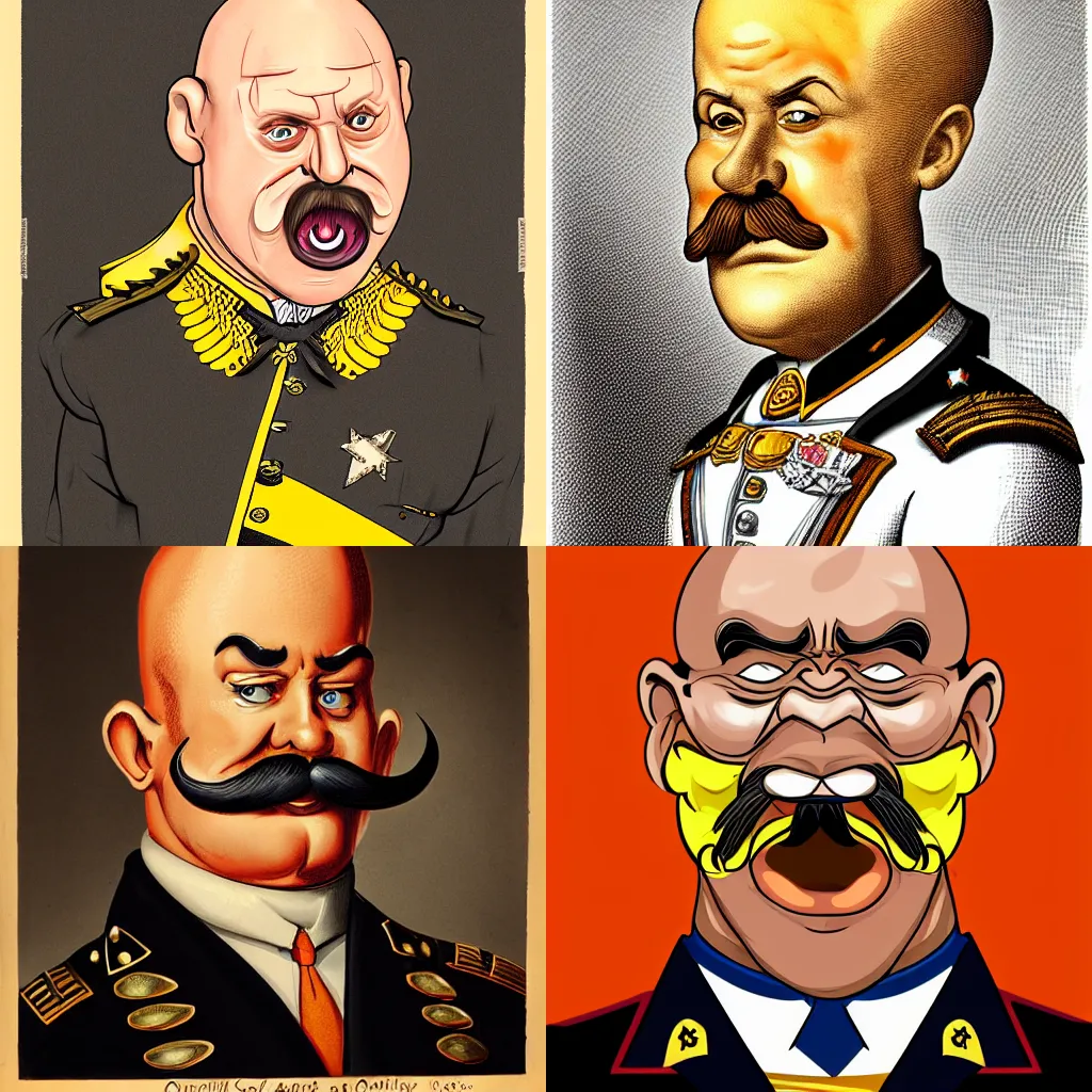 Prompt: a caricature of an angry south-americam muscular army general, thick mustache, bald, orange skin, pear-shaped skull with the thicker part at the bottom, with a bright yellow aureola, high-quality digital art