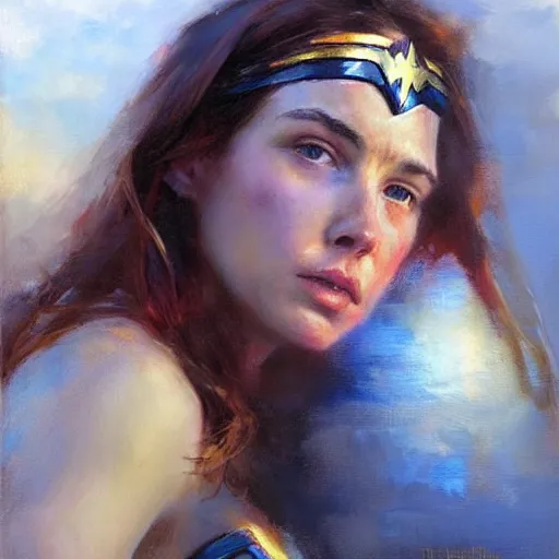 Prompt: portrait of Wonder Woman in the morning sun, Danile Gerhartz, oil painting