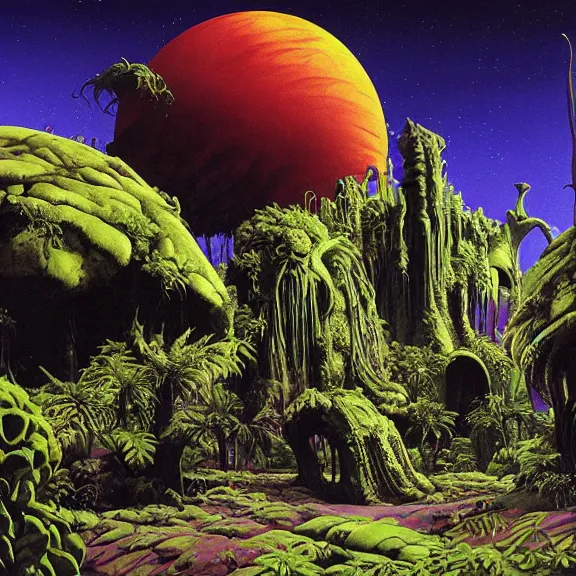 Prompt: eerie alien world with bizarre creatures and bioluminescent plantlife, volumetric light, ambient light art by syd mead and h. r. giger and john berkley and john harris and roger dean